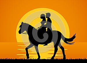 Romantic background with couple riding horse on the beach at sunset silhouette