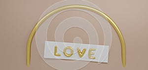 Romantic background Golden Arch and hearts with text Love minimal style for branding product presentation on Valentine`s day. 3d