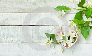 Romantic background with jasmine in pink bowl and branch