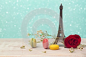 Romantic background with macarons and Eiffel tower. Valentine`s day