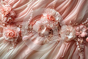 A romantic background of ruffled bows and flowers with a coquetry aesthetic combining playfulness and elegance