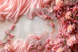 A romantic background of ruffled bows and flowers with a coquetry aesthetic combining playfulness and elegance. Romantic