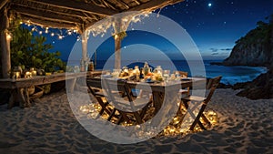 Romantic Dinner on the Beach Under the Stars at Night with Rustic Table Setting