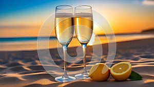 Romantic beach evening on sunset with two glasses of champagne standing on sand