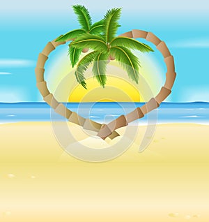 Romantic beach, heart palm trees illustration