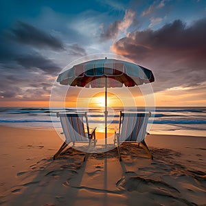 Romantic beach landscape. Couple chairs umbrella sunset sunrise colorful sky clouds. Dream beach honeymoon vacation. Best love