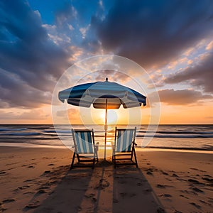 Romantic beach landscape. Couple chairs umbrella sunset sunrise colorful sky clouds. Dream beach honeymoon vacation. Best love