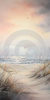 Romantic Beach Painting With Dune Grass And Misty Atmosphere