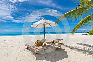Romantic beach scene, two beach chairs for couple chaise lounge conceptual banner. Summer beach vacation