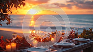 Romantic beach sunset dinner table setting