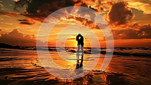 Romantic Beach Sunset Embracing Couple Forms Heart Silhouette