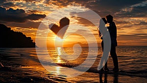 Romantic Beach Sunset Embracing Couple Forms Heart Silhouette