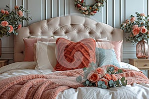 Romantic bed with cushions and flowers in classic style