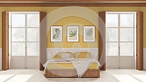 Romantic bedroom background, double bed with blankets in white and yellow tones. Two panoramic windows with wooden shutters and