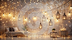 Romantic bedroom interior design with hanging lights and string lights. Generative AI