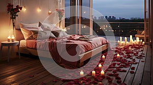 Romantic Bedroom with Red Rose Petals and Candles. Valentine\'s day concept.