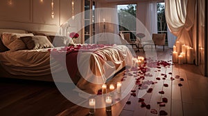 Romantic Bedroom with Red Rose Petals and Candles. Valentine\'s day concept.