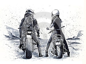 Romantic biker couple - black and white painting