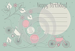 Romantic Birthday card with cute bicycles, balloons and flowers