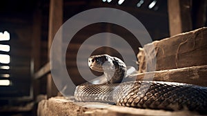 Romantic Black Cobra Snake In Barn: Soft Focus, Ray Tracing, Rustic Scenes