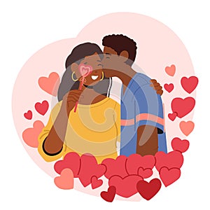 Romantic Black Couple Characters Share Tender Moment, Surrounded By A Cascade Of Hearts In A Blissful Kiss