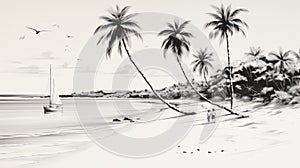 Romantic Black And White Beach Drawing With Palm Trees