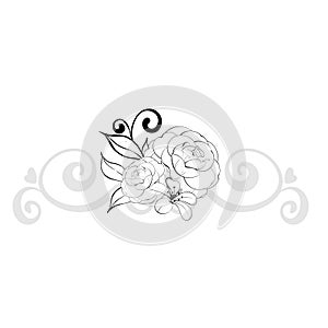 Romantic bloom bouquet roses, peonies. Flower with leaves, vintage style. Graphic vector line, hand drawn, black photo