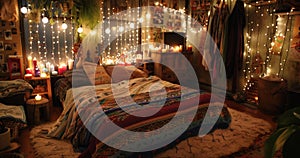 A romantic bohemian bedroom with colorful blankets and dozens of hanging candles creating a warm and inviting atmosphere photo