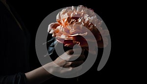 Romantic bouquet held by hand, symbol of love and fragility generated by AI