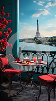 Romantic breakfast balcony. Created with Generative AI