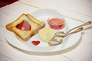 Romantic Breakfast. Breakfast for lovers. toast and jam. Valenti