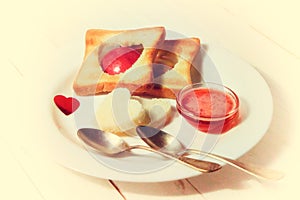 Romantic Breakfast. Breakfast for lovers. toast and jam. Valenti