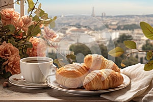 Romantic breakfast with coffee and croissants on balcony overlooking scenic cityscape,travel concept