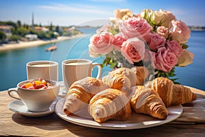 Romantic breakfast with coffee and croissants on balcony overlooking scenic cityscape,travel concept