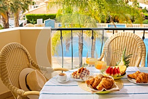 Romantic breakfast for two persons on the Terrace. Croissant, Belgin Waffles, Coffee