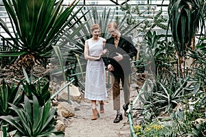 romantic bride and groom walking