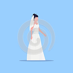 Romantic bride in white dress young girl in gown model standing pose wedding concept flat full length blue background