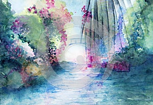 Romantic bridge and water landscape fantasy watercolor