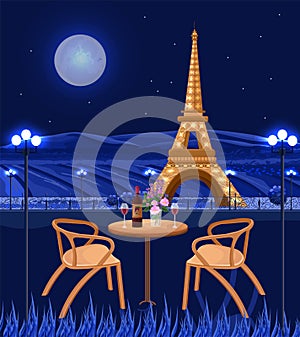 Romantic cafe with Eiffel Tower view. Paris at night Vector card. Beautiful backgrounds
