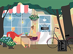 Romantic cafe restaurant place, lovely couple man and woman communicate sitting cafeteria outdoor table flat vector