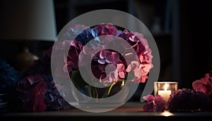 Romantic candlelight illuminates elegant flower arrangement on table generated by AI