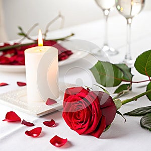 Romantic candlelight with red rose setting isolated on white background