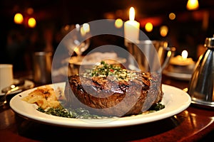 Romantic Candlelit Dinner with Grilled Mouthwatering Beef Steak Served on Elegant Table Setting