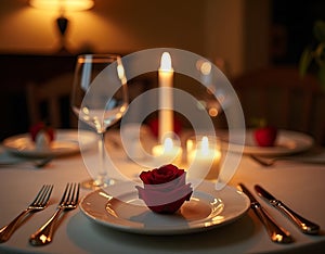 A romantic candlelit dinner with a red rose centerpiece