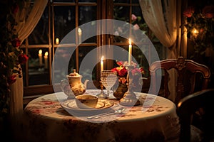 Romantic candlelit dinner at a table by Generative Ai