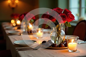 Romantic candlelit dinner table setting with red roses and chocolates. Generative AI