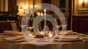 A Romantic Candlelit Dinner Table Setting with Wine Glasses and Flowers