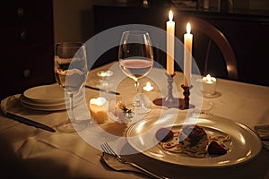 romantic candlelit dinner for two, with beautiful plates and silverware on the table