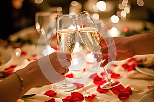 A romantic candlelit dinner: two clinking champagne glasses, table adorned with rose petals, warm candlelight fostering