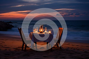 Romantic candlelit dinner for two on a secluded beach with waves crashing gently in the background. Generative AI